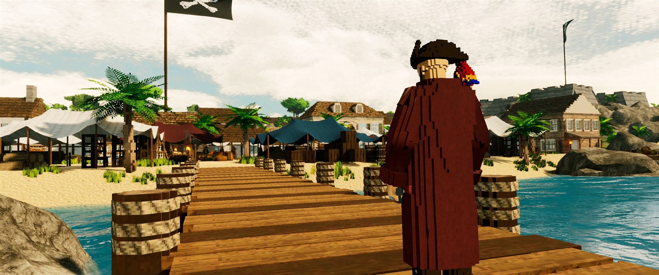 A pirate surveying a tropical harbor from a wooden jetty