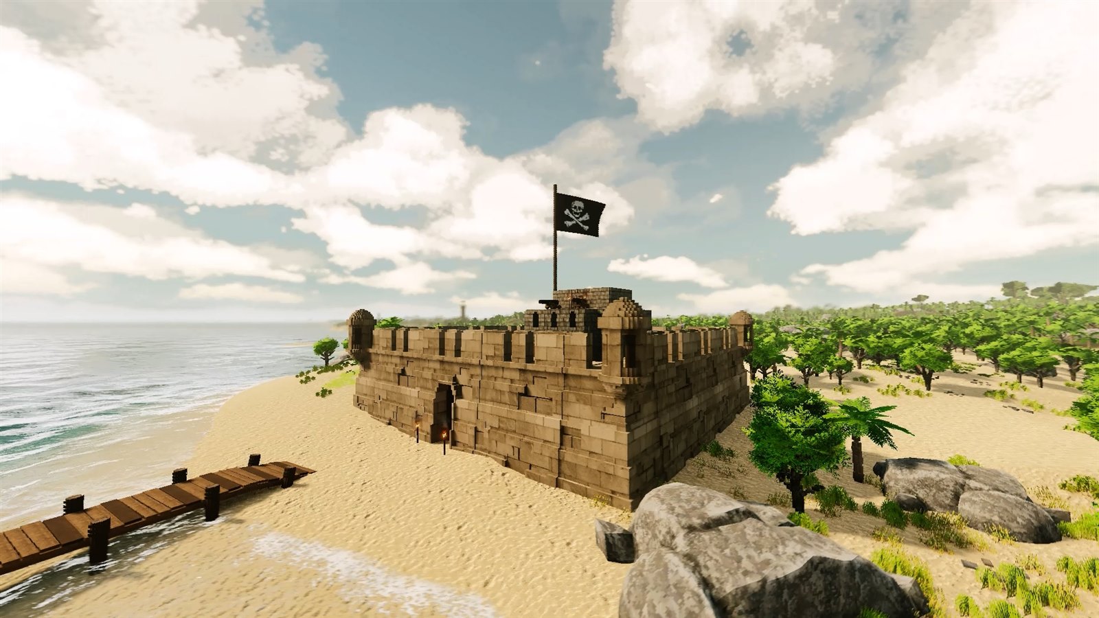 A pirate flag above a stone island fortress