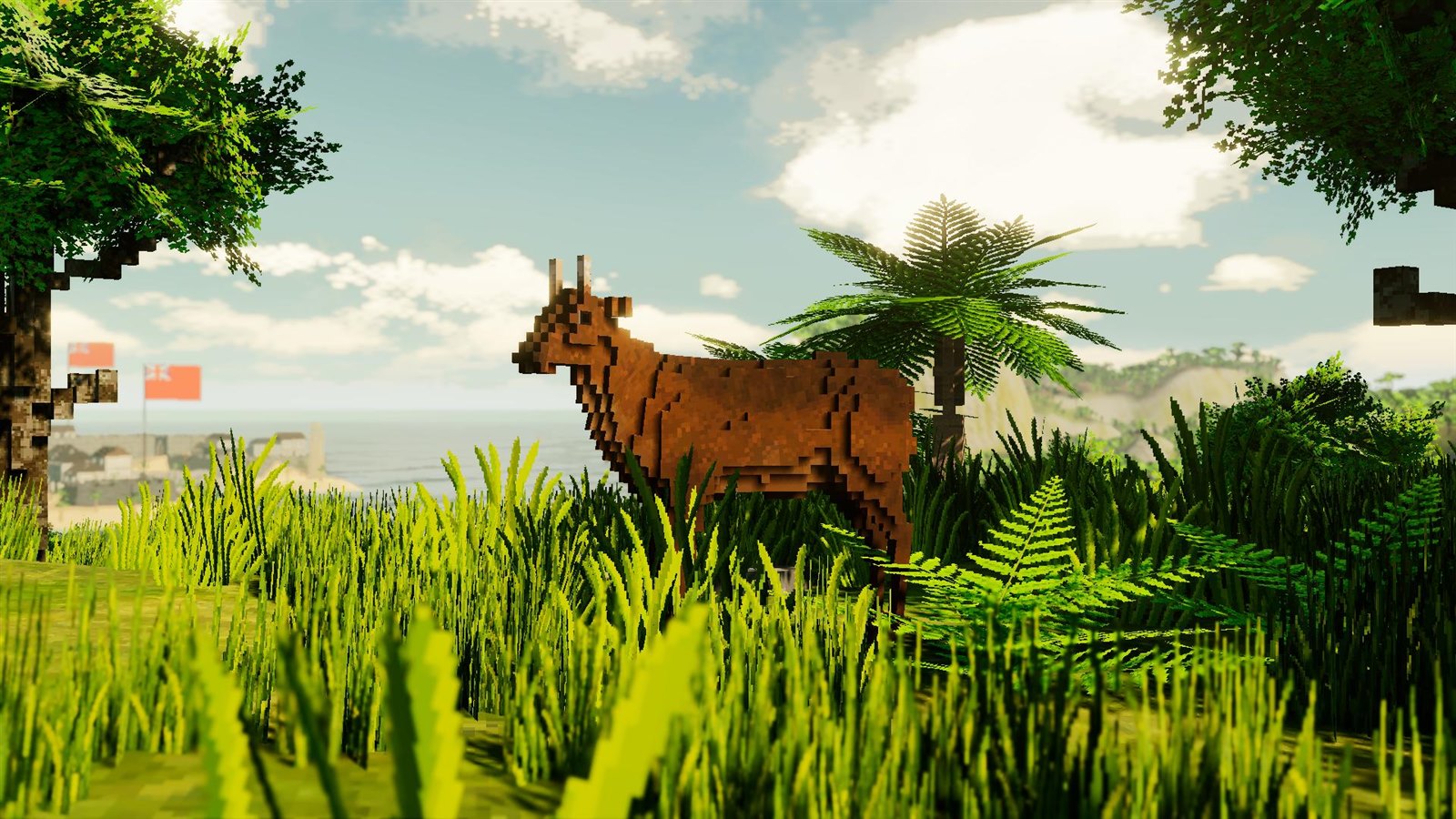 A wild boar in tropical island grass overlooking the ocean