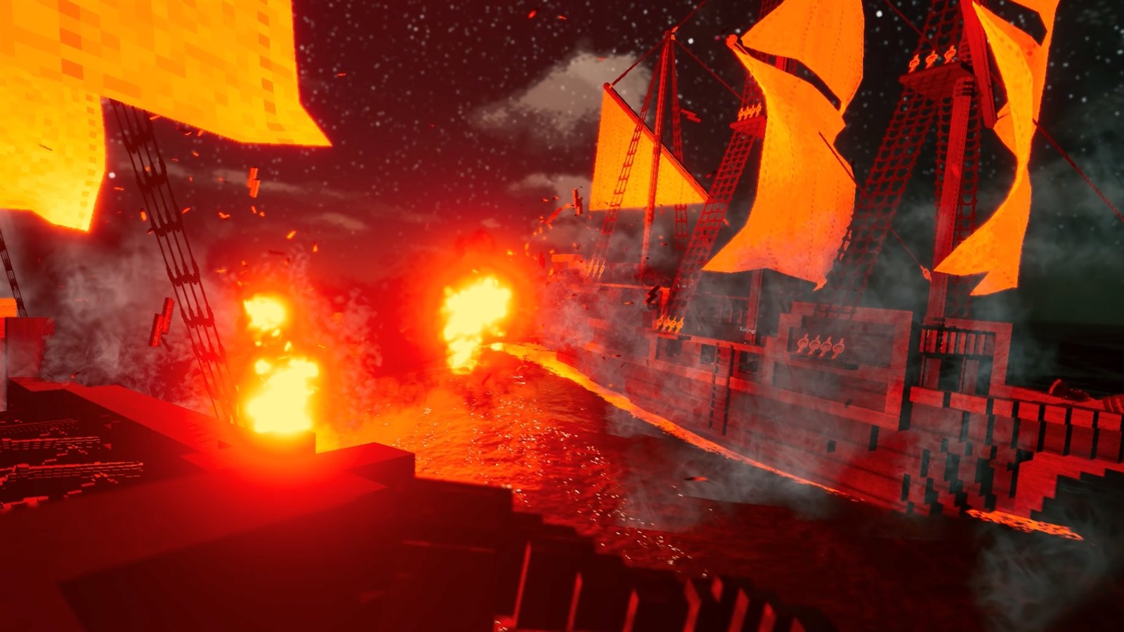 Ships exchanging cannon fire in a nighttime naval battle