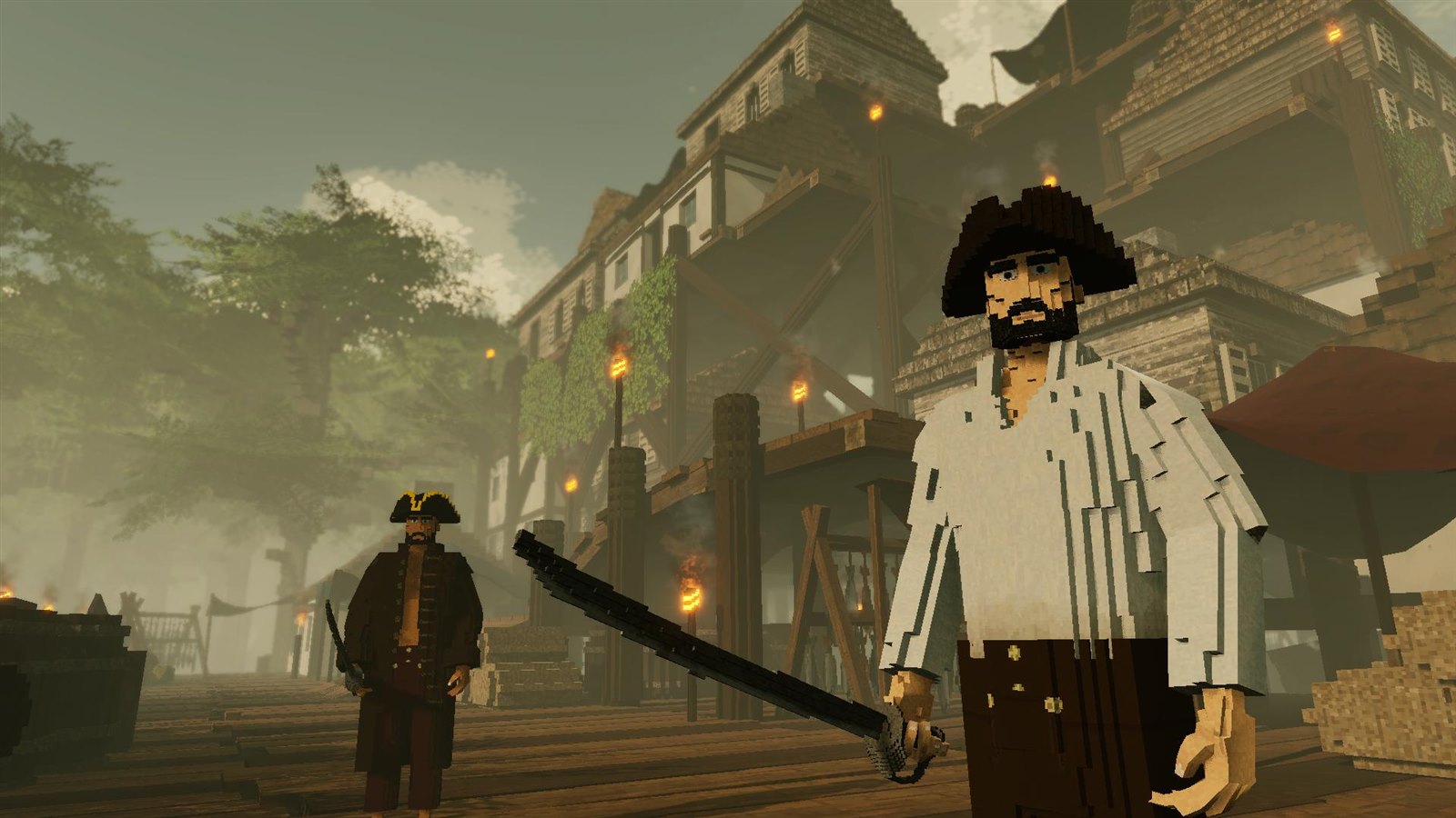 A pirate on a misty street lined with port town buildings
