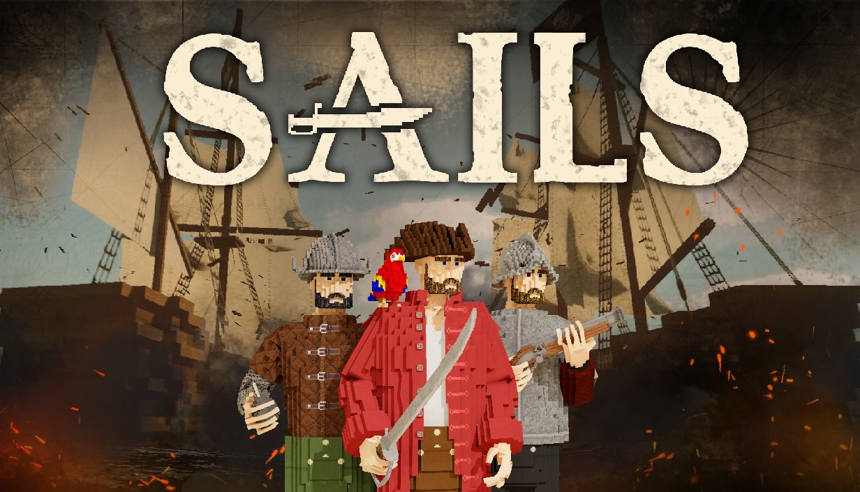 Sails key art with a pirate crew and two ships in battle