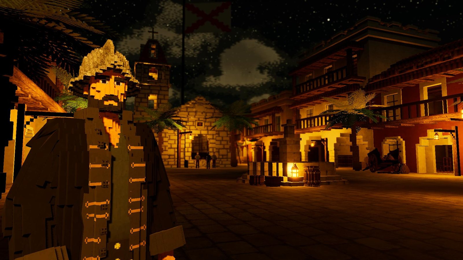 A pirate inside a warmly lit wooden tavern